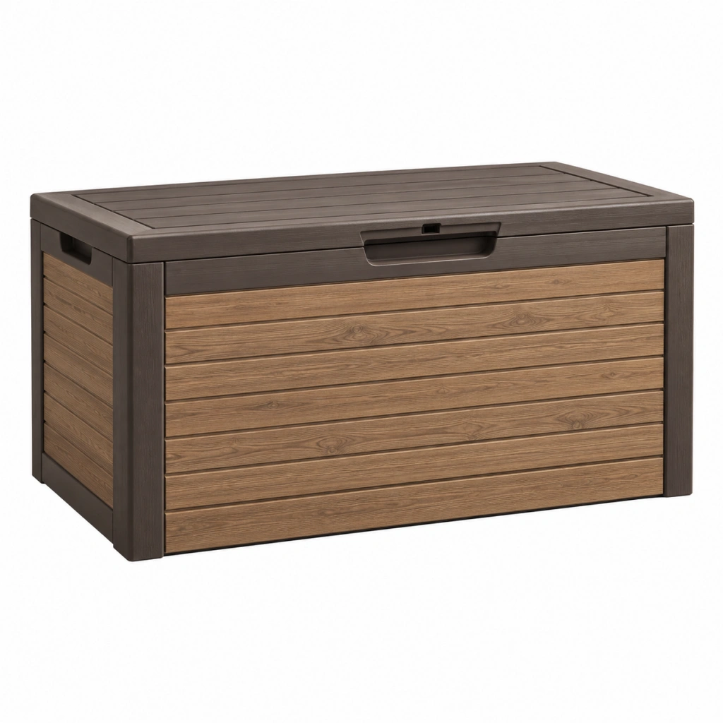 Auflagenbox 120 x 60 x 60 cm Kunststoff Braun für Außenbereich Holzoptik mit Deckel