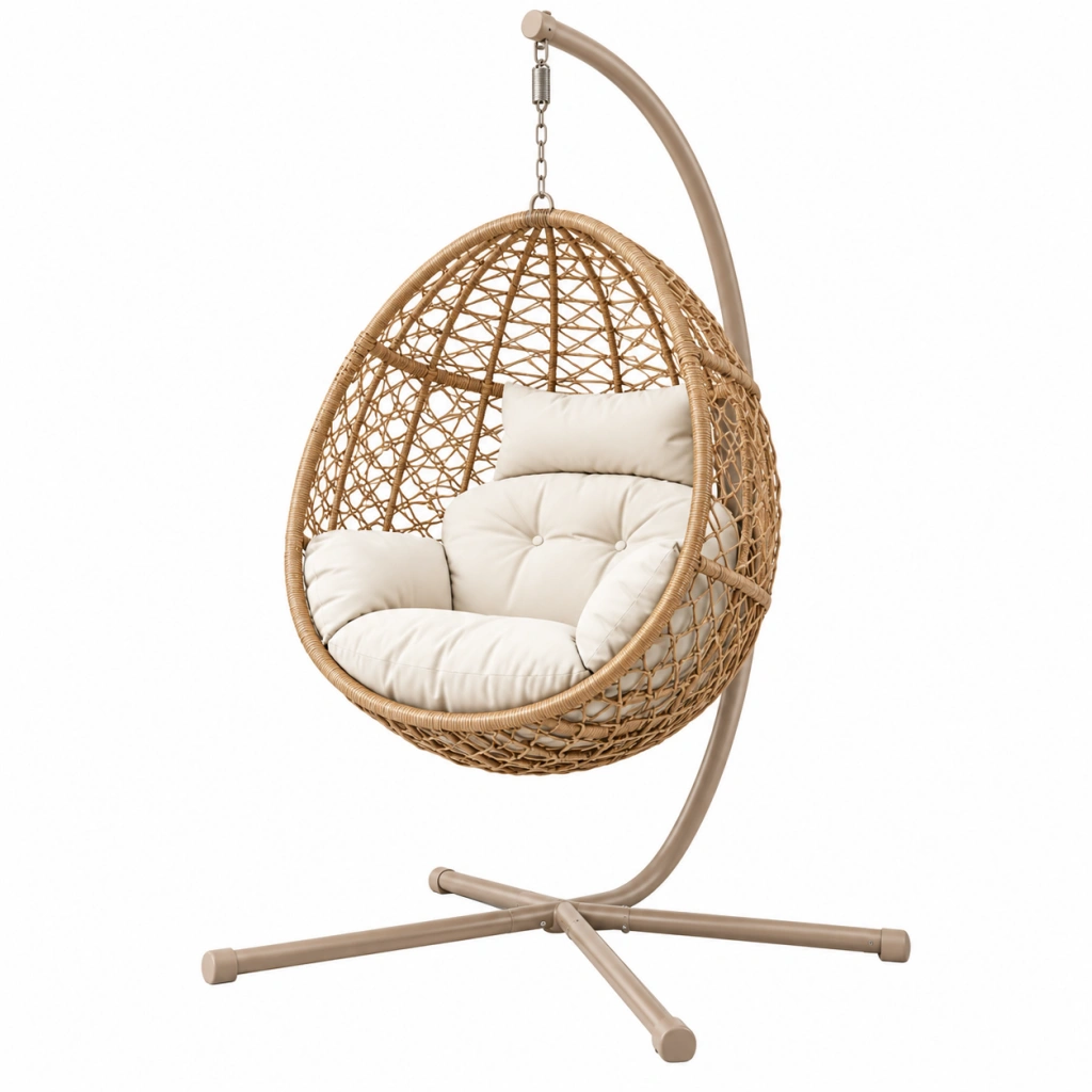 Hängesessel 105 x 105 x 195 cm aus Flechtmaterial Beige mit Metallgestell für Innenbereich im Boho-Stil
