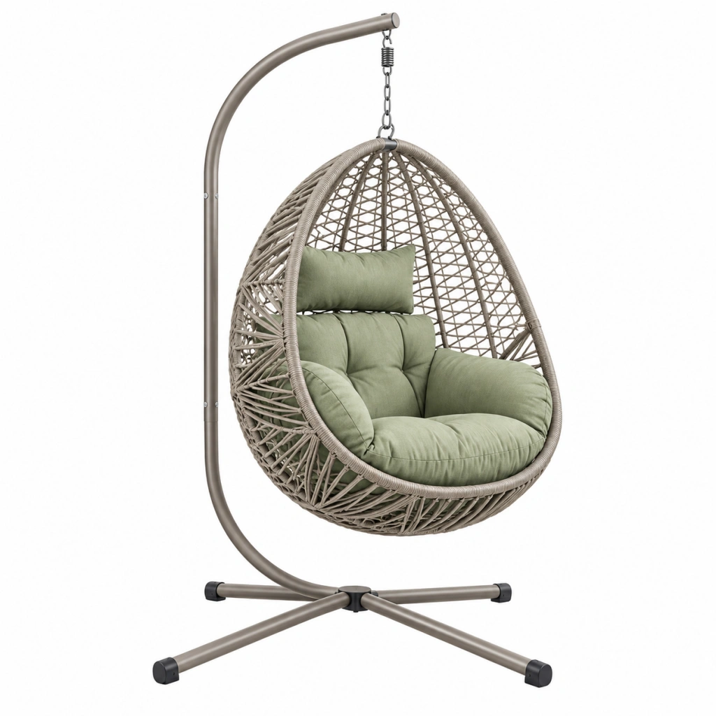 Hängesessel 105 x 105 x 195 cm aus Geflecht und Metall in Taupe Grün mit Gestell