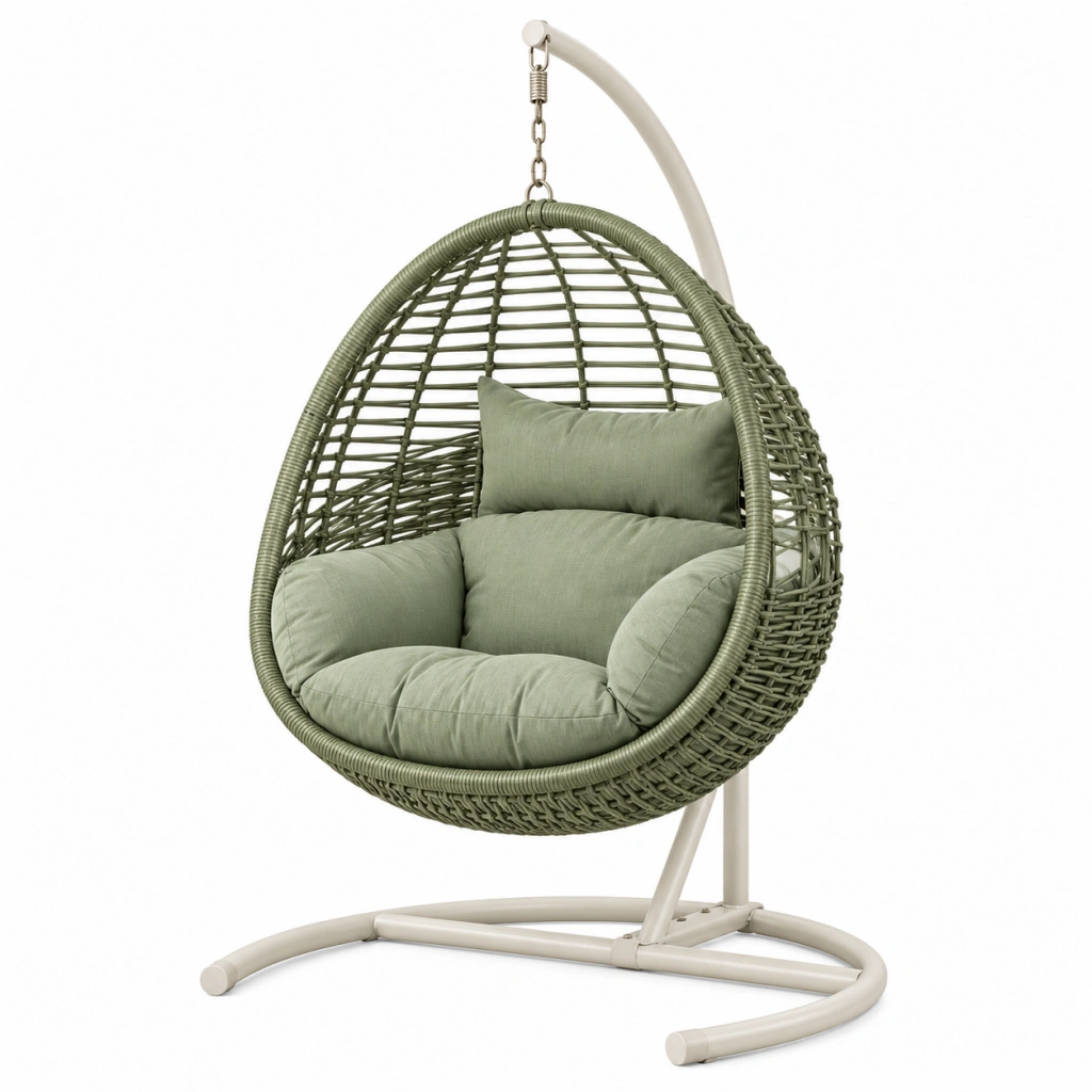 Hängesessel 105 x 105 x 195 cm Polyrattan Grün Creme mit Stahlgestell für Garten und Terrasse