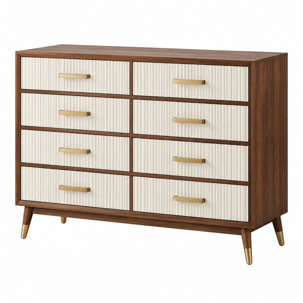 Kommode 160 cm Holzwerkstoff Nussbaum Weiß mit 8 Schubladen im Mid Century Stil