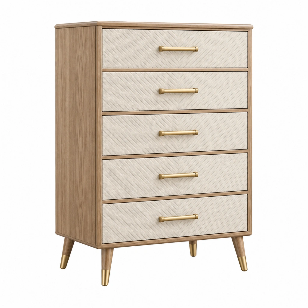 Kommode 80 x 40 x 120 cm Holzwerkstoff Naturweiß mit fünf Schubladen Mid Century Stil