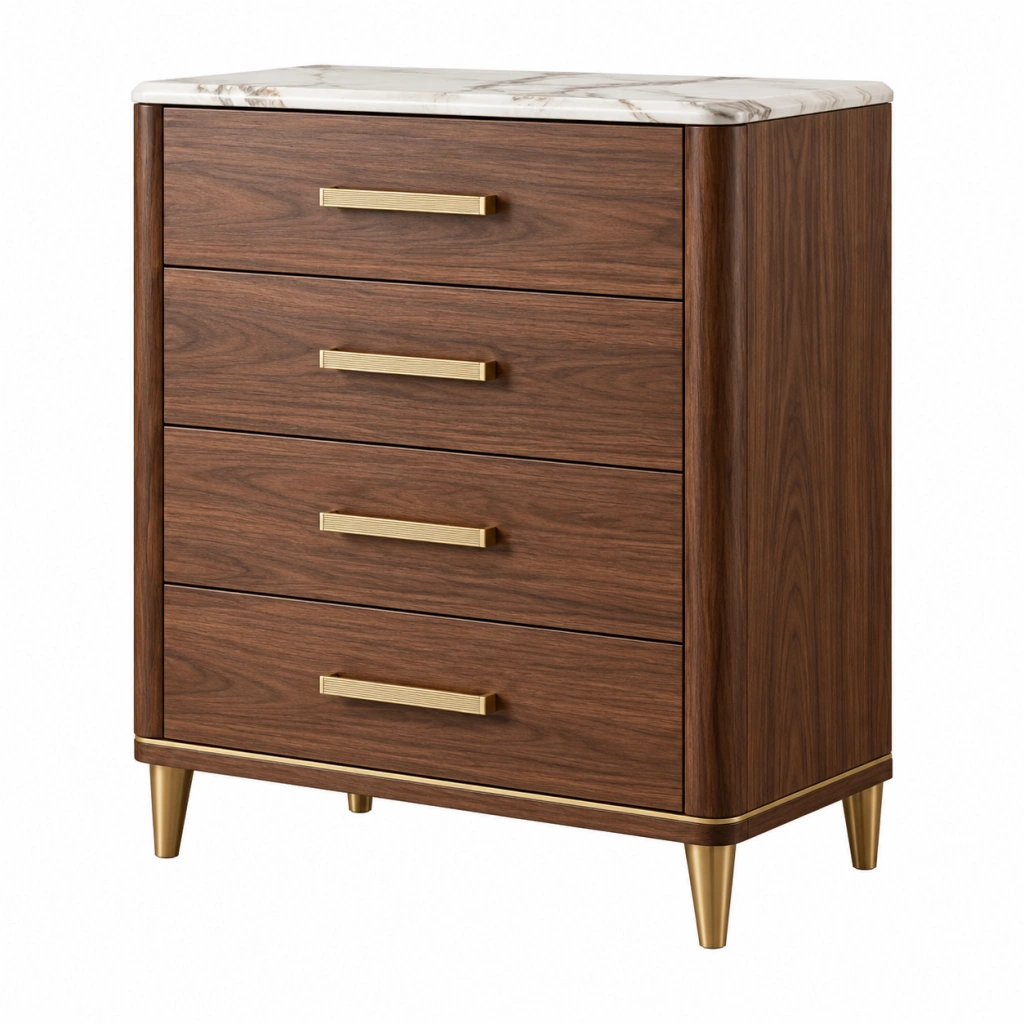 Kommode 90 x 45 x 120 cm Holzoptik Braun mit Marmoroptik Modern 4 Schubladen