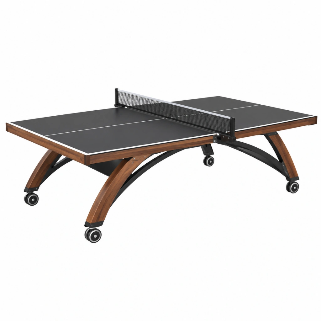 Tischtennistisch 274 x 152.5 x 76 cm Schwarz Braun mit Holzrahmen und Rollen