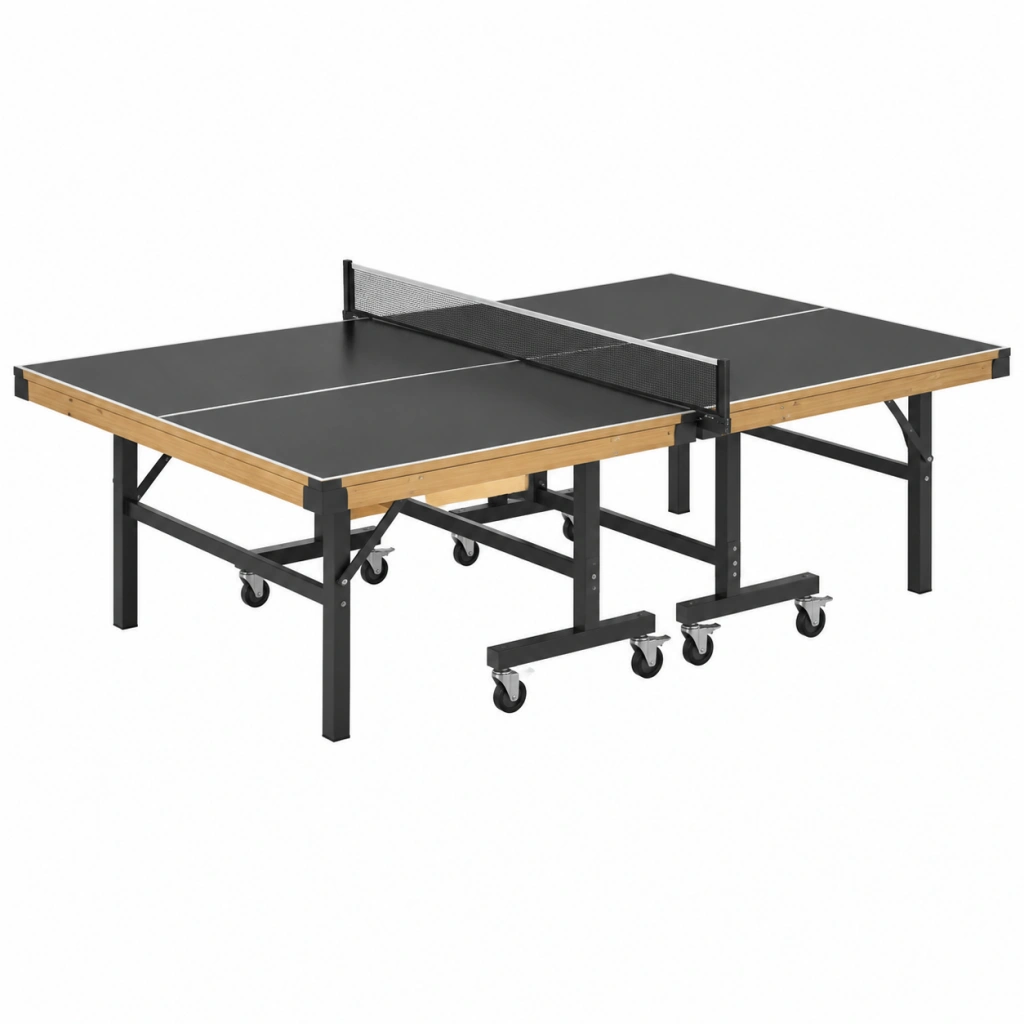 Tischtennisplatte 274 x 152.5 x 76 cm Schwarz Holzoptik Stahl klappbar mit Rollen