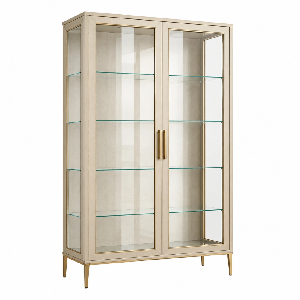 Vitrine 100 x 40 x 190 cm aus Holzwerkstoff und Glas in Beige mit 2 Türen