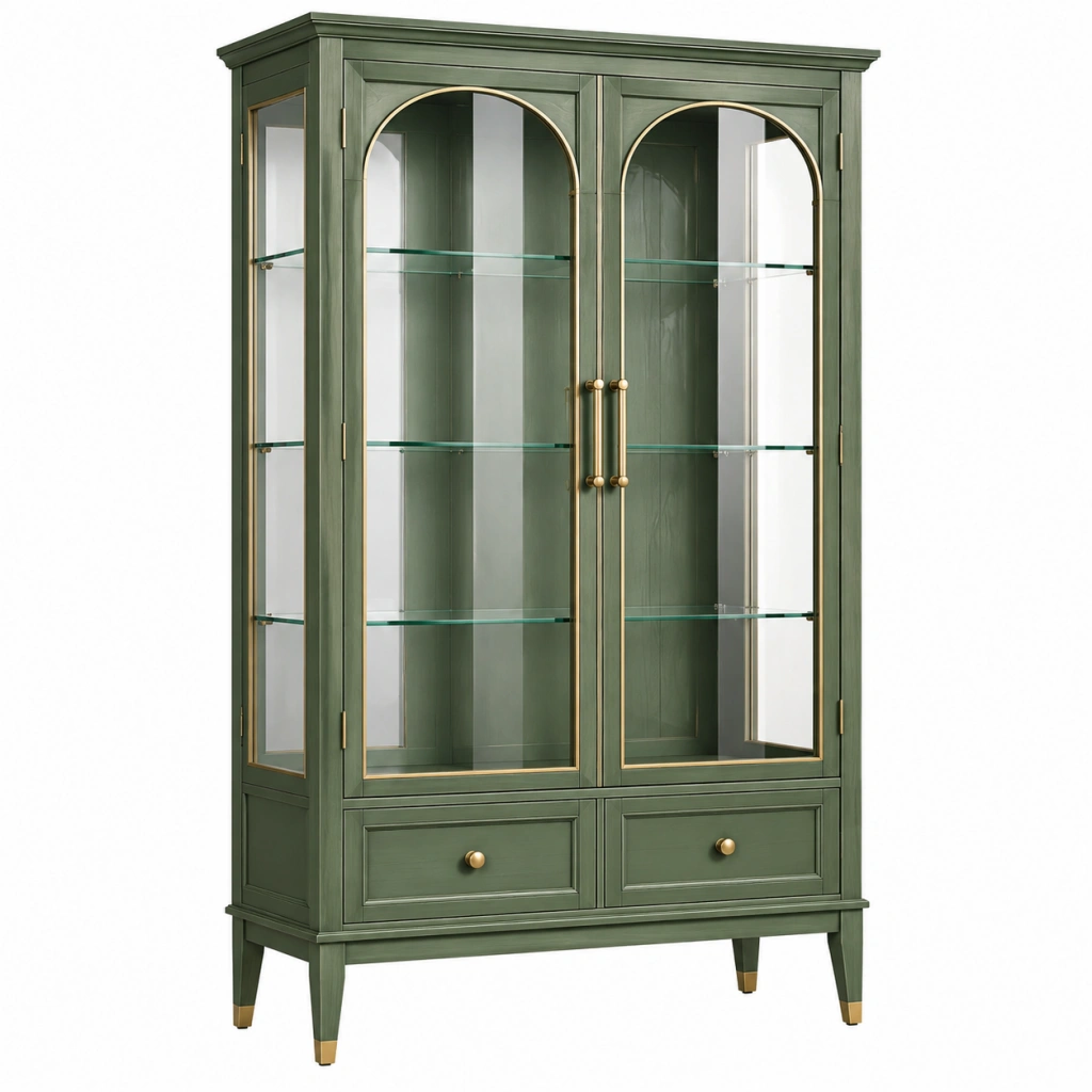 Vitrine 100 x 40 x 180 cm aus Holz und Glas in Grün mit goldfarbenen Akzenten