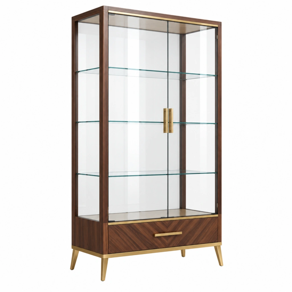 Vitrine 90 x 40 x 180 cm aus Holz und Glas in Dunkelbraun mit goldfarbenen Details - Modernes Stauraummöbel