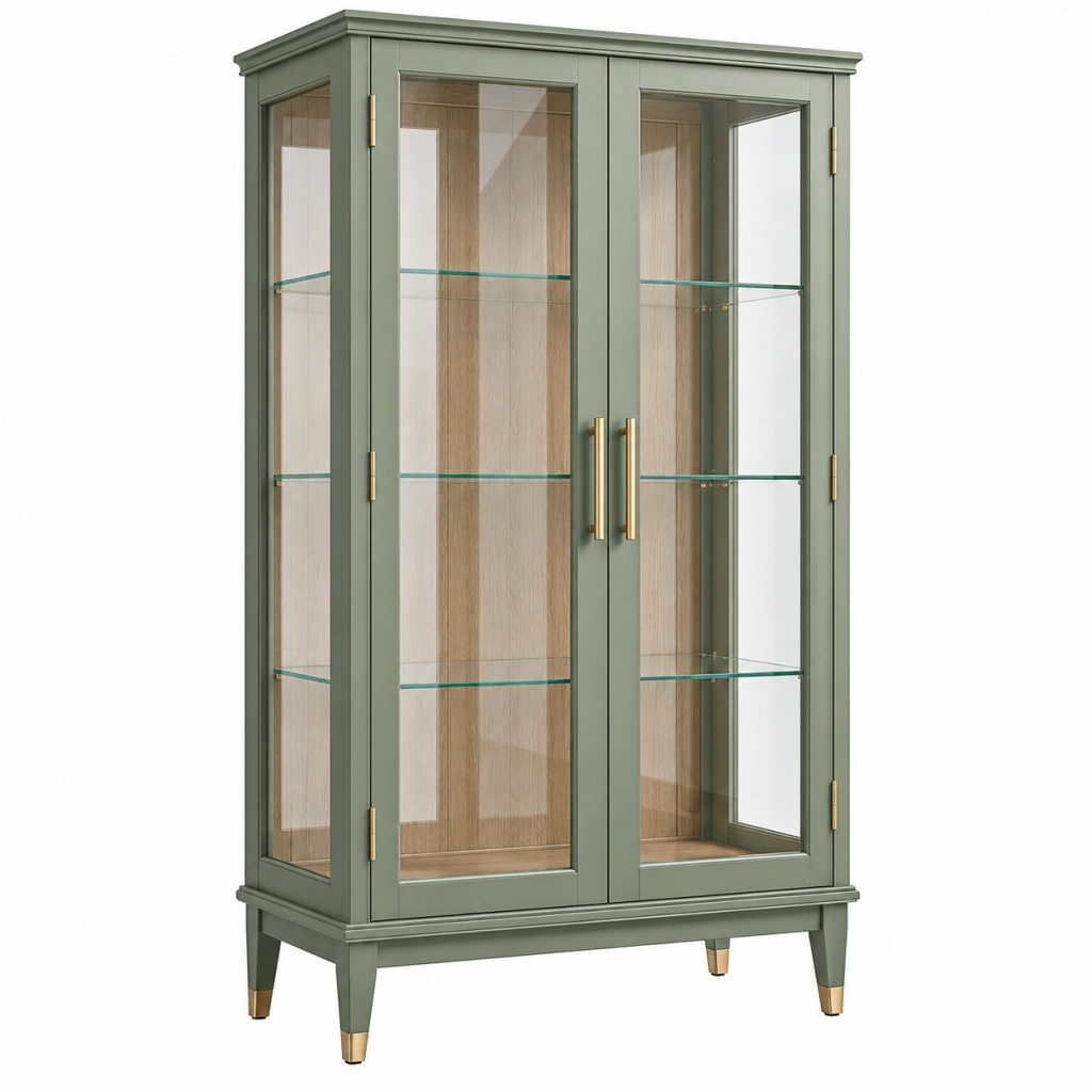 Vitrine 90 x 40 x 180 cm aus Holzwerkstoff und Glas in Salbeigrün mit Glastüren