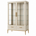 Vitrine 90 x 40 x 180 cm aus Holzwerkstoff und Glas in Cremeweiß Gold mit 2 Türen und 2 Schubladen