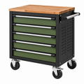Werkzeugwagen 77 x 46 x 95 cm aus Stahl und Holz in Grün Schwarz mit fünf Schubladen und Rollen