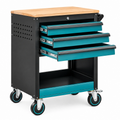 Werkstattwagen 70 x 46 x 95 cm aus Stahl in Schwarz und Türkis mit Holzplatte und 3 Schubladen