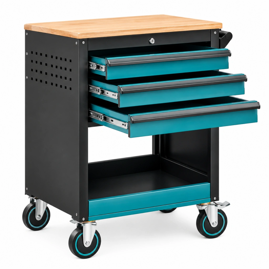 Werkstattwagen 70 x 46 x 95 cm aus Stahl in Schwarz und Türkis mit Holzplatte und 3 Schubladen