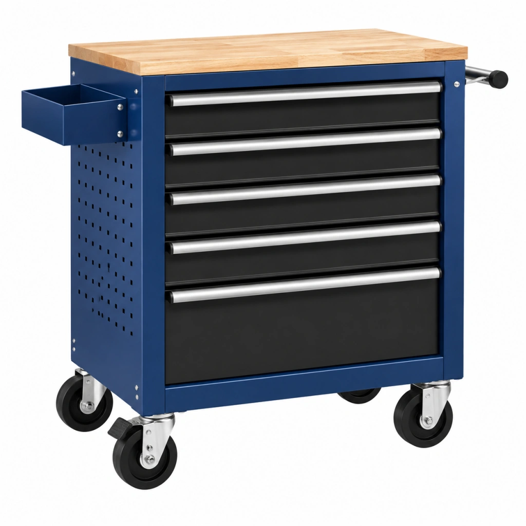 Werkzeugwagen 77 x 46 x 97 cm aus Stahl und Holz Blau Schwarz mit 5 Schubladen