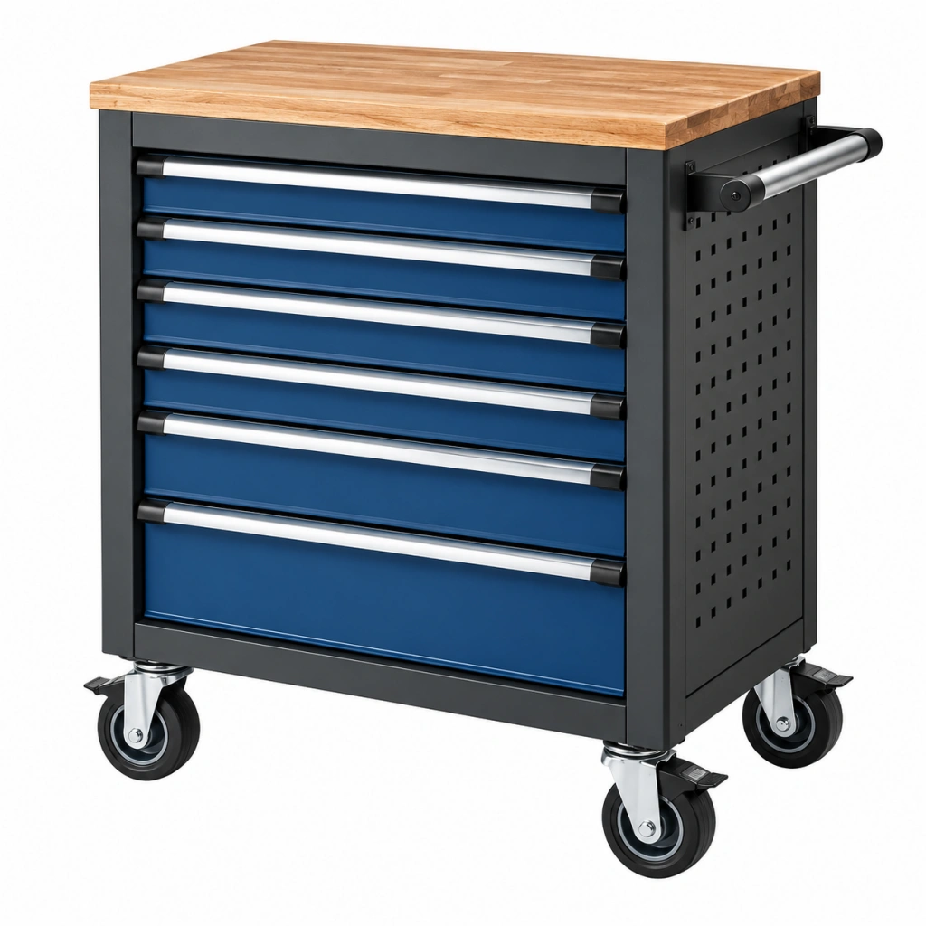 Werkzeugwagen 77 x 46 x 97 cm aus Stahl in Blau Schwarz mit Holzarbeitsplatte und 7 Schubladen