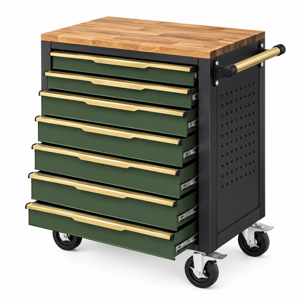 Werkzeugwagen 78 x 46 x 97 cm aus Stahl Grün mit Holzarbeitsplatte und 7 Schubladen