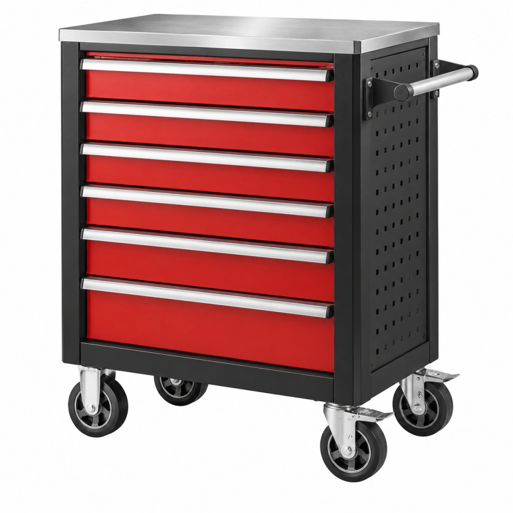 Werkstattwagen 77 x 46 x 97 cm aus Stahl in Schwarz Rot mit 7 Schubladen und Rollen